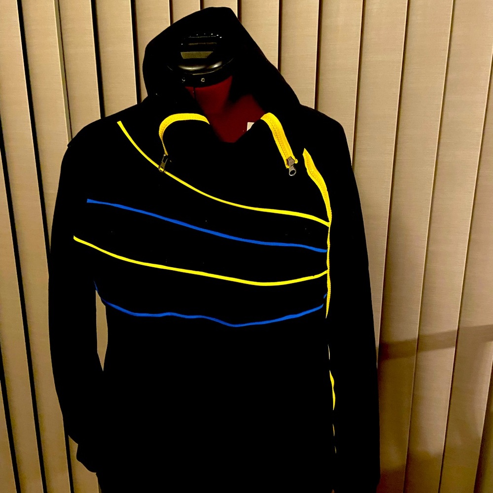 Unisex Black zip and piping trim sweatshirt.